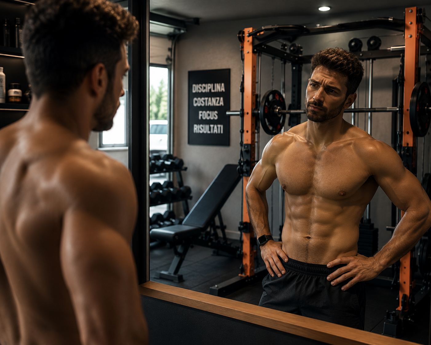 Persona che si allena in una home gym e cerca di aumentare la massa muscolare.