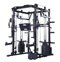 Power rack multifunzione con cavi incrociati, barra per pull-up e supporto Smith machine per allenamento full-body.