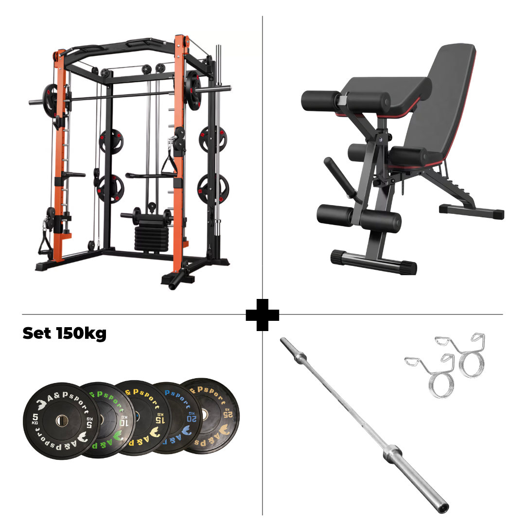 Set Home Gym MAC1 Elite: Power Rack + Panca + 150kg Dischi Bumpers + Bilanciere