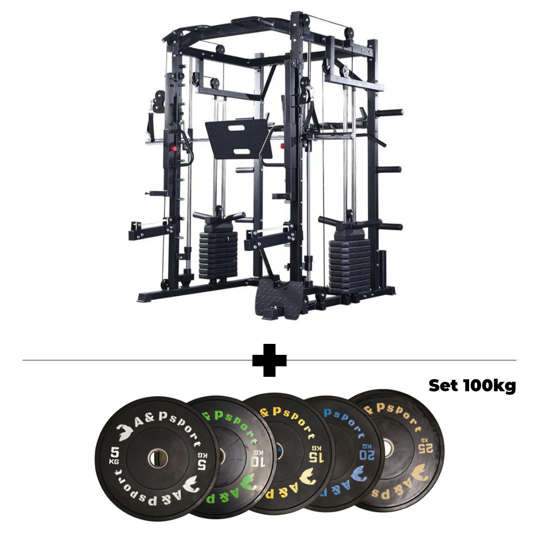 Set Smith Machine MAC PRO Start: Rack Multifunzione + 100kg Dischi Bumpers