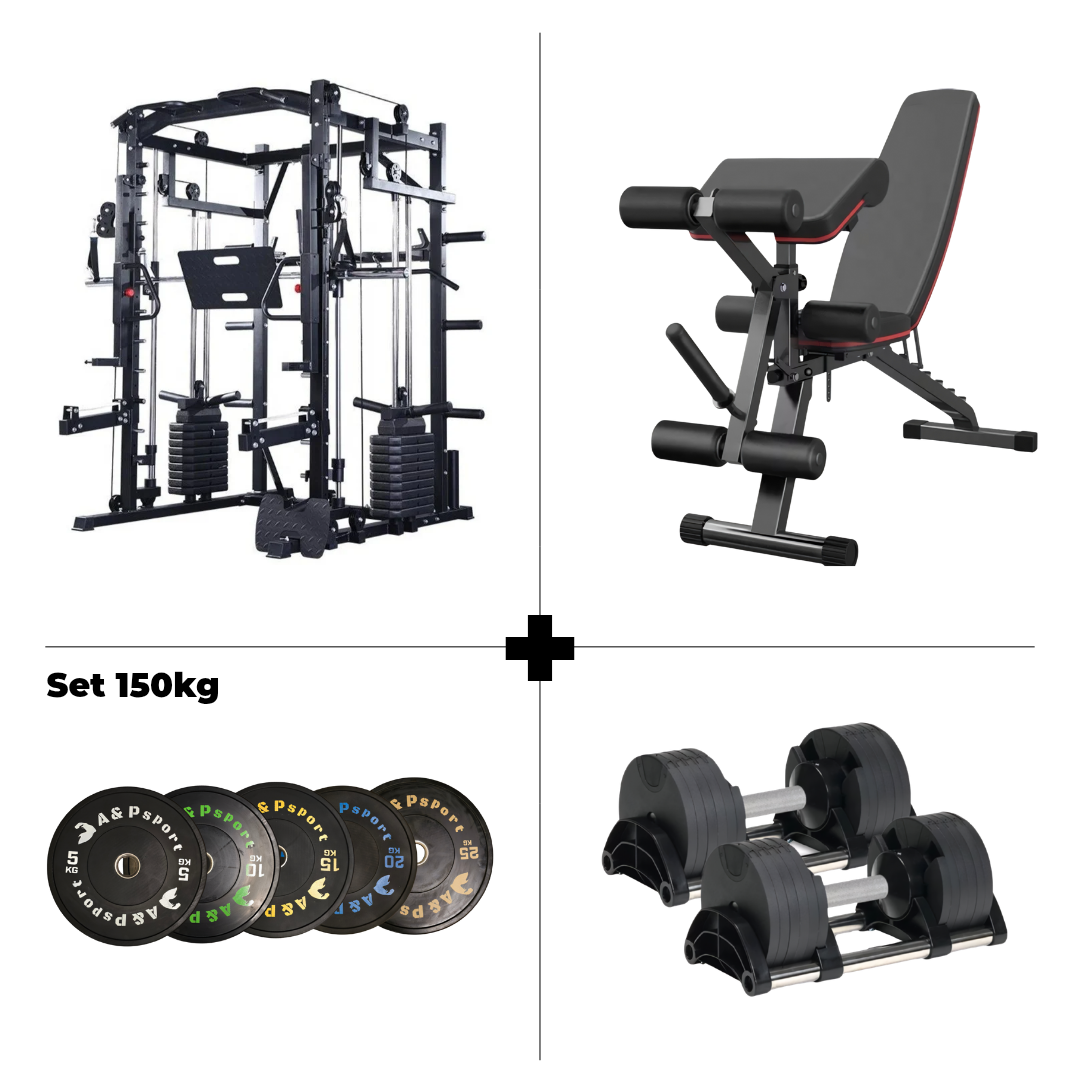 Set Smith Machine MAC PRO Ultimate: Rack Multifunzione + Panca + 150kg Dischi + Manubri Regolabili