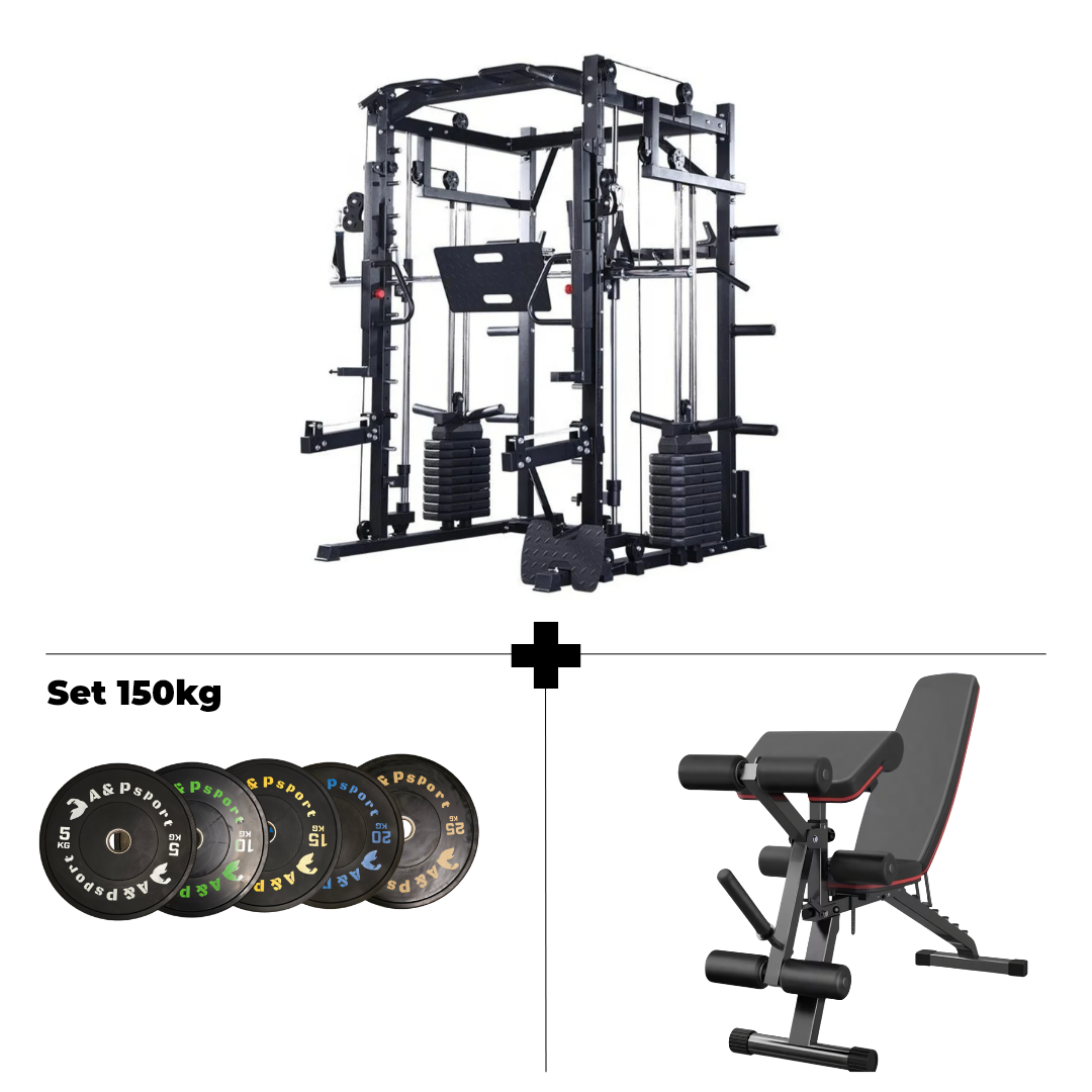Set Smith Machine MAC PRO Pro: Rack Multifunzione + Panca + 150kg Dischi Bumpers