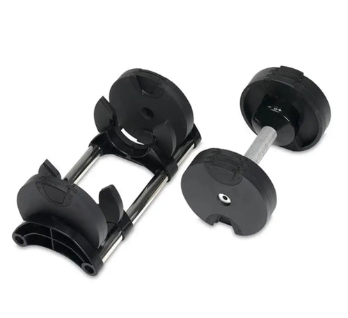 Manubri regolabili con peso modulare, ideali per esercizi mirati per braccia e petto.