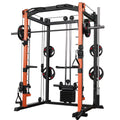 Power rack multifunzione con cavi incrociati, barra per pull-up e supporto Smith machine per allenamento full-body.