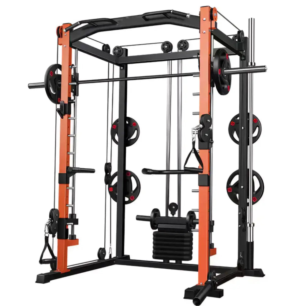 Power rack multifunzione con cavi incrociati, barra per pull-up e supporto Smith machine per allenamento full-body.
