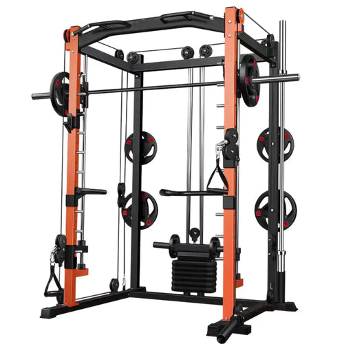 Power rack multifunzione con cavi incrociati, barra per pull-up e supporto Smith machine per allenamento full-body.